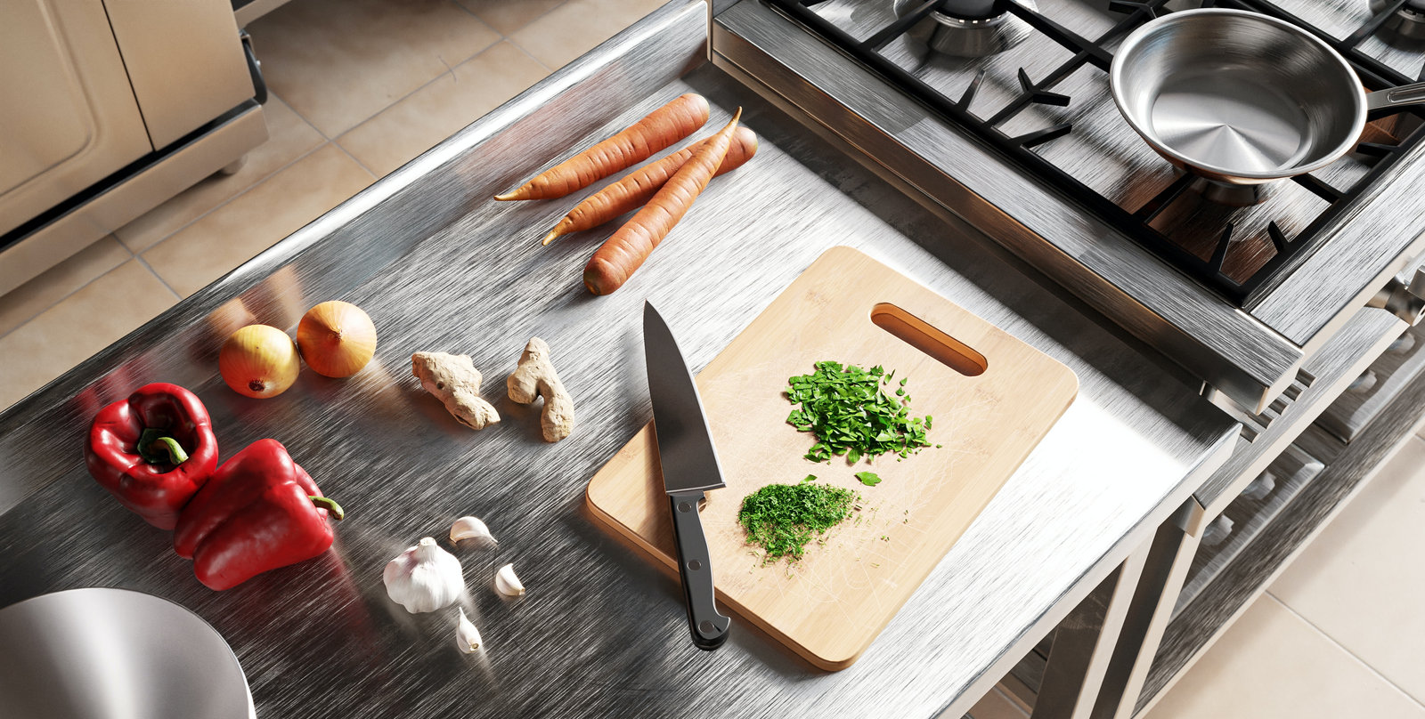 A kitchen counter with a cutting board, knife and vegetables