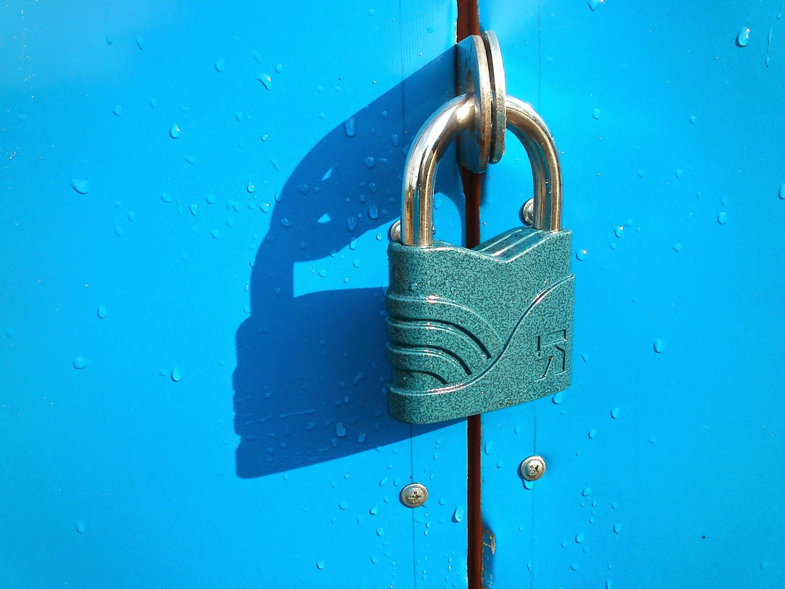 Blue padlock on a blue door