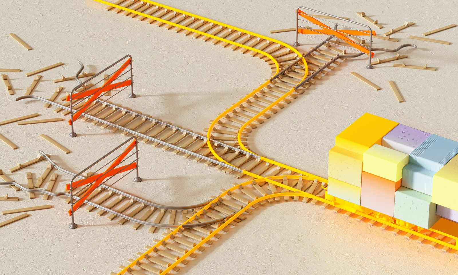 An AI rendition of an abstract train travelling on rails, with several blocked passages and some redirects as well.